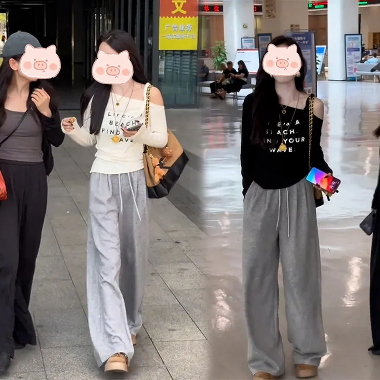 早秋通勤风穿搭设计感字母印花长袖T恤女新款休闲百搭漏肩两件套