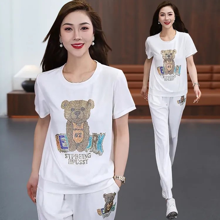 运动休闲套装女2025夏季新款宽松显瘦圆领时尚减龄印花短袖二件套