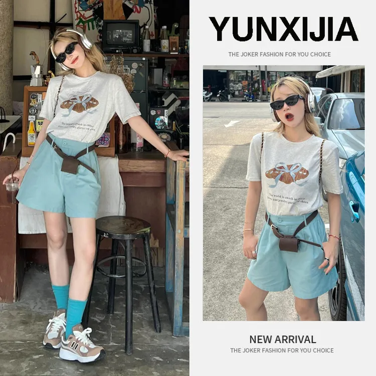 夏季设计感ins小众宽松上衣女蝴蝶结印花正肩T恤高腰短裤两件套