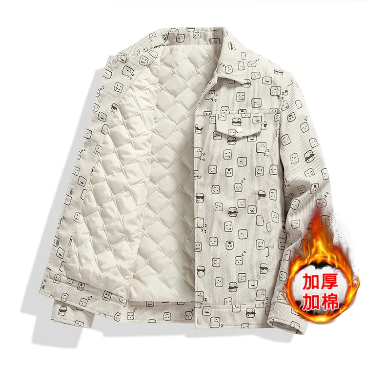 泰维肯戈灯芯绒休闲外套男秋冬夹棉翻领防风上衣潮流印花百搭夹克