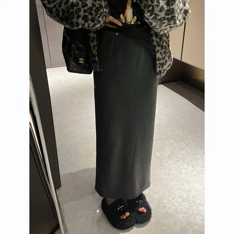 后开叉呢料西装裙女2025秋冬松紧腰中长款半身裙子包臀直筒裙