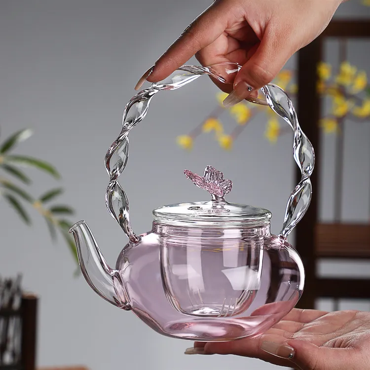 粉色高硼硅玻璃提梁茶壶 电陶炉加热煮茶壶 麻花把手泡茶壶蝴蝶壶