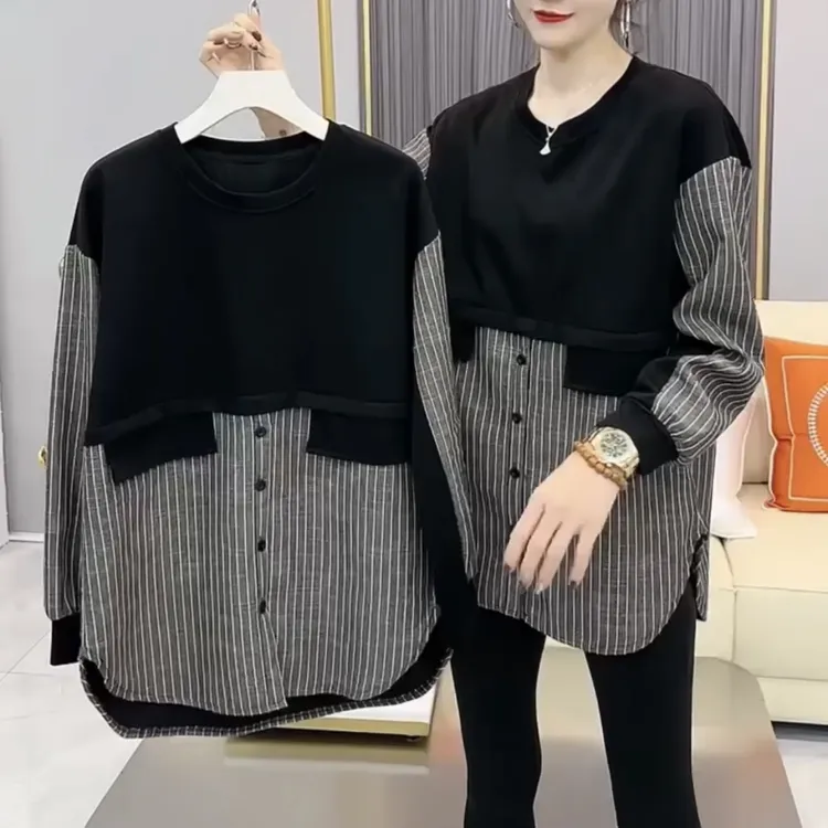 长袖休闲风中长款加厚拼接条纹大衫