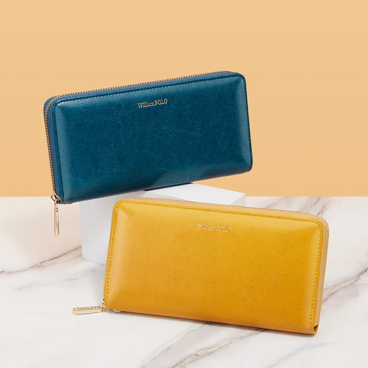 英皇保罗女士真皮钱包优雅复古油蜡面大容量手拿包长款百搭放手机