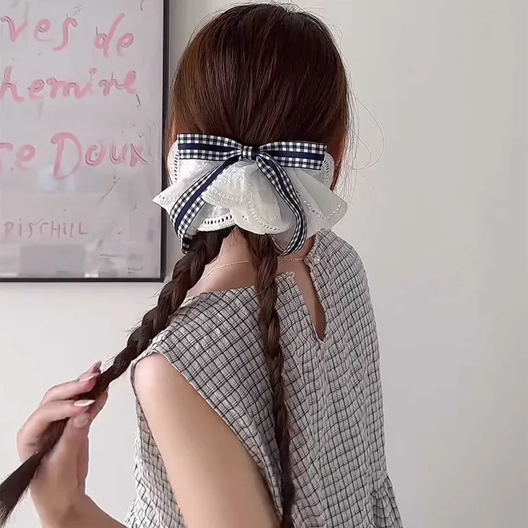韩系文艺格子蝴蝶结蕾丝裙摆发夹女高级感温柔夹子头饰后脑勺发卡