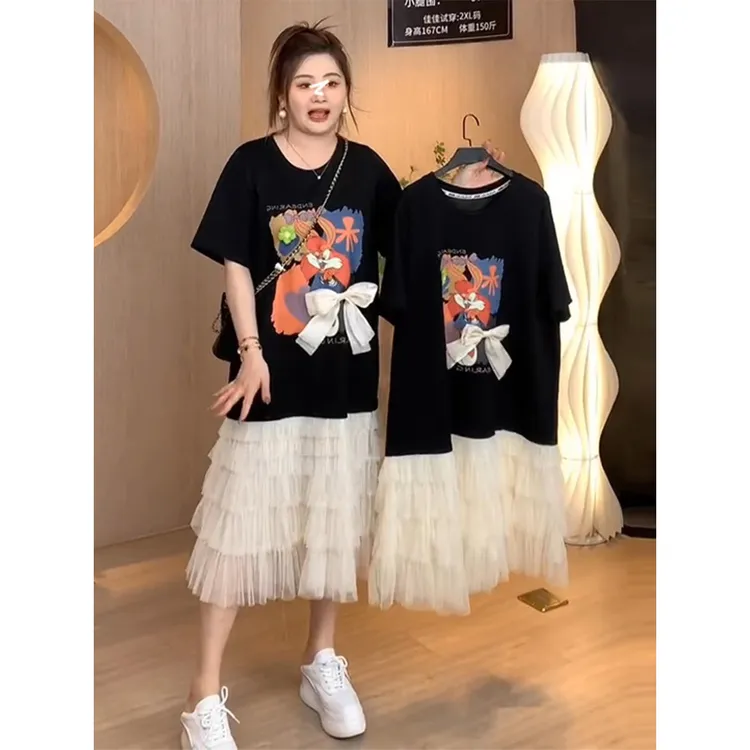 大码拼接假两件连衣裙夏季胖mm显瘦宽松遮肚子藏肉网纱正肩裙子