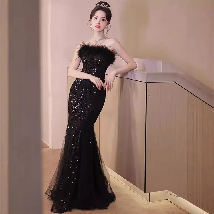 小黑裙连衣裙成人礼晚礼服轻奢女黑色生日礼服宴会主持艺考裙毕业