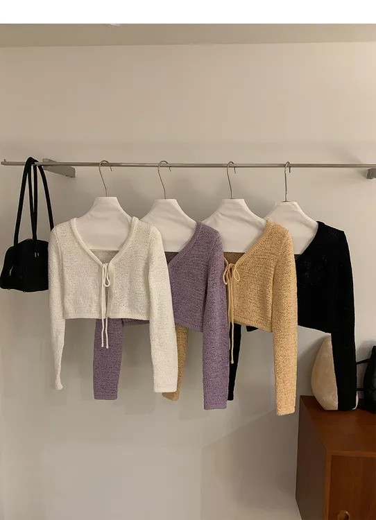 外搭春秋新品韩式减龄短款纯色系带百搭气质打底针织开衫O128上衣