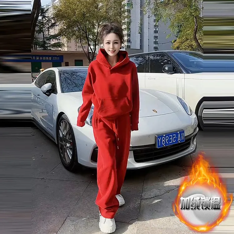 韩版冬季显瘦连帽时尚套装女2025年加绒加厚卫衣休闲直筒裤两件套