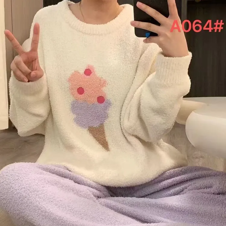 冬季保暖加厚加绒可爱可外穿睡衣女长袖套装少女甜美学生家居服