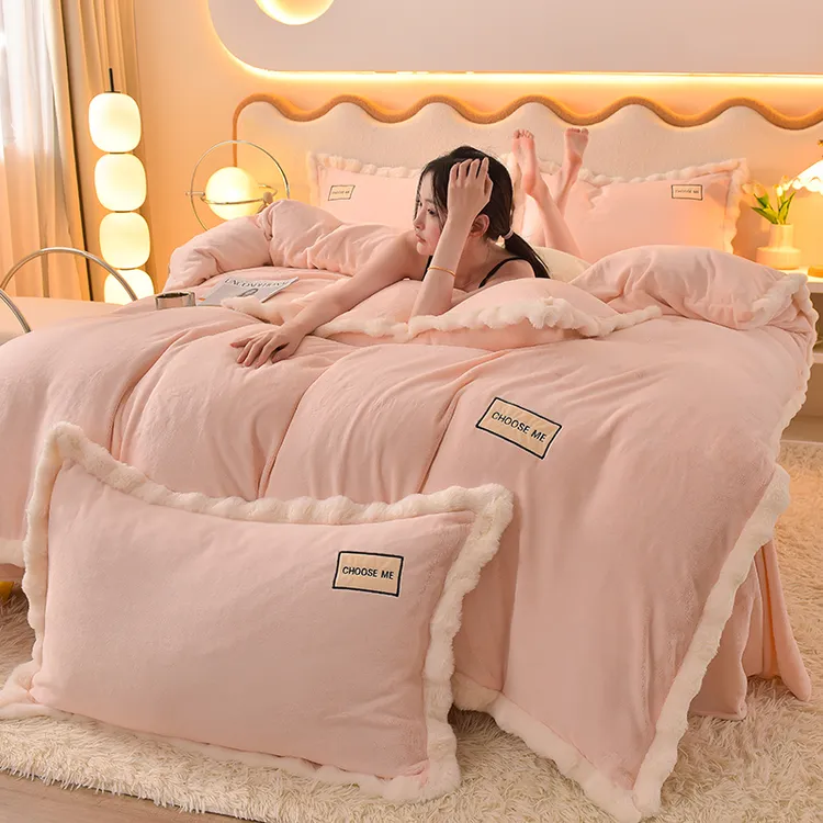 富安娜A类牛奶绒四件套珊瑚绒婴儿绒双面绒床单被套冬季加厚保暖4