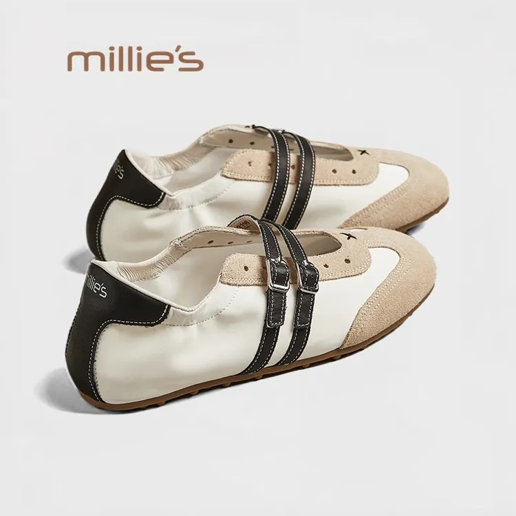 MILLIE'S/妙丽2025夏季新款真皮运动休闲鞋女内增高双排扣阿甘鞋