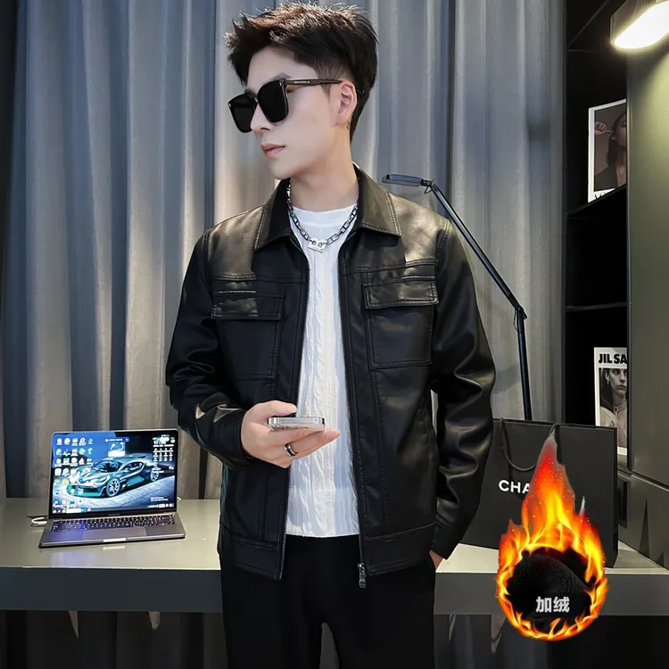 外套男款2025爆款秋冬季皮衣修身短款男装商务翻领加绒保暖皮夹克