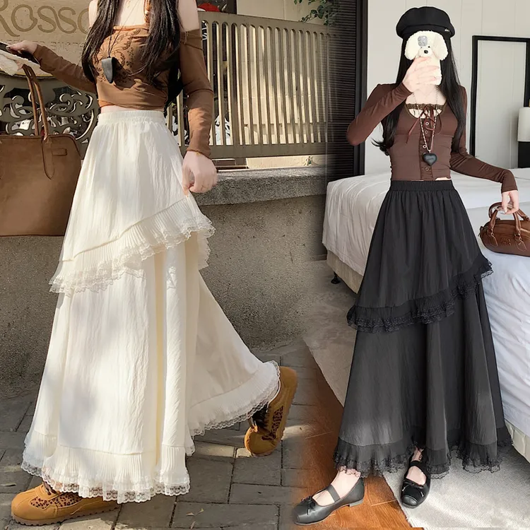 法式温柔风蕾丝拼接蛋糕裙半身裙女松紧腰显瘦荷叶边a字大摆长裙
