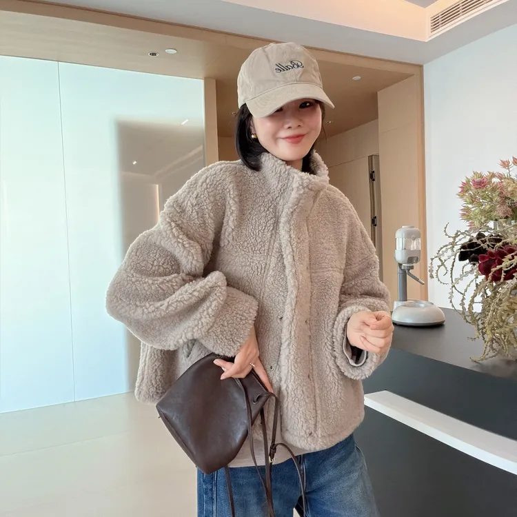 韩版加厚立领一体毛两面穿保暖时尚百搭休闲外套