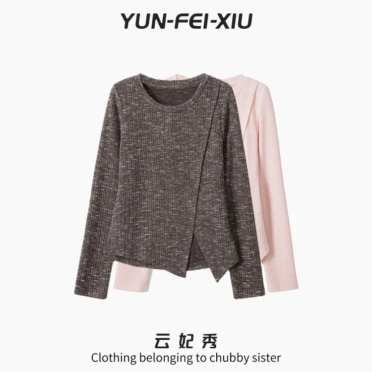 云妃秀大码女装针织衫杂色不对称时尚宽松显瘦遮肉胖妹妹秋80562