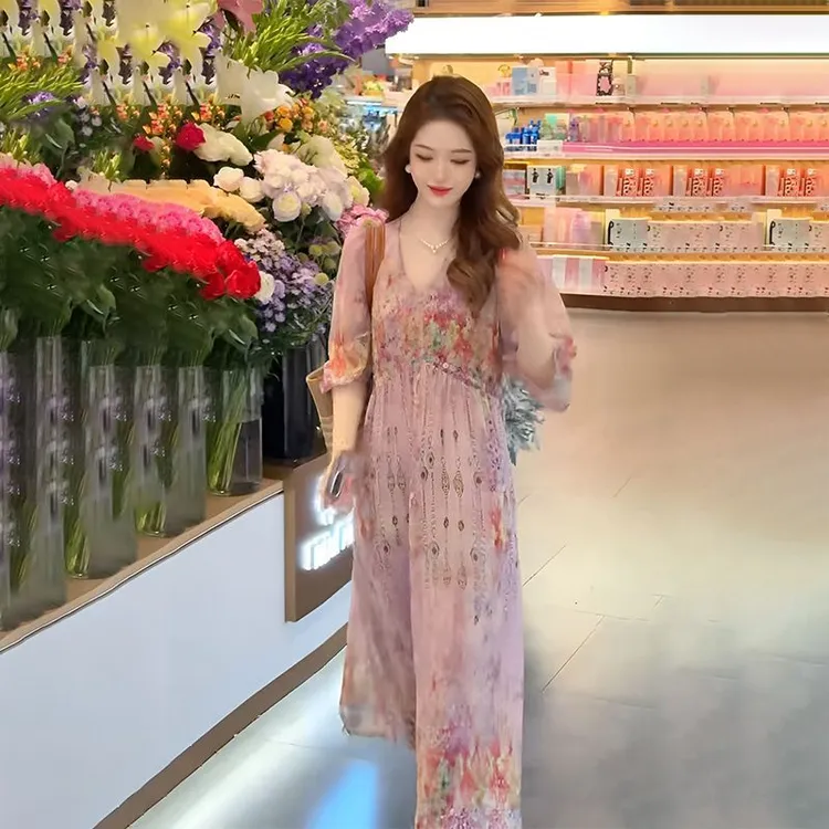 1362 轻奢大牌法式气质系带收腰显瘦印花长裙2025夏季新款连衣裙