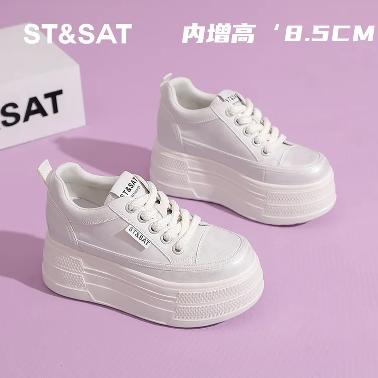 星期六官方正品8CM内增高厚底小白鞋女2025年秋季新款真皮松糕鞋