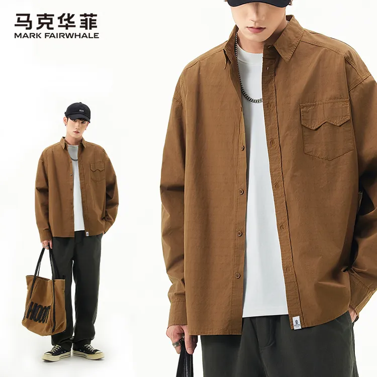 马克华菲日系复古工装衬衫男士长袖韩版潮流宽松口袋衬衣百搭外套