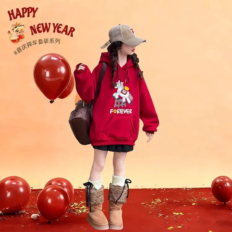 女童马年加绒红色卫衣冬季2026新款儿童本命年上衣女孩加厚衣服潮