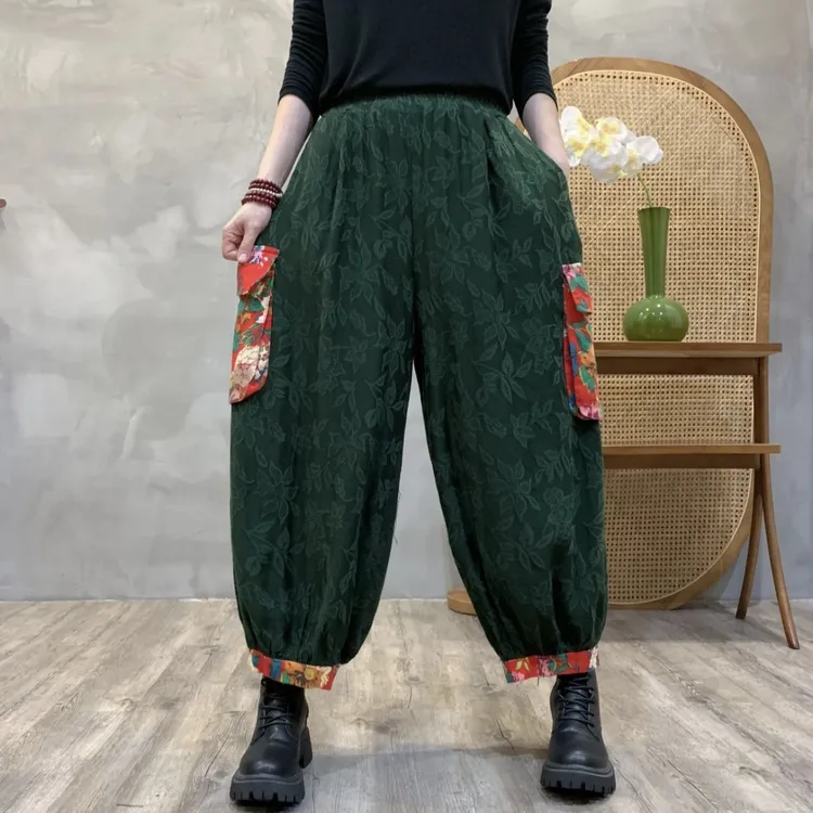 新款裤民族风大码宽松阔腿裤棉麻提花口袋休闲长裤洋气拼接碎花裤