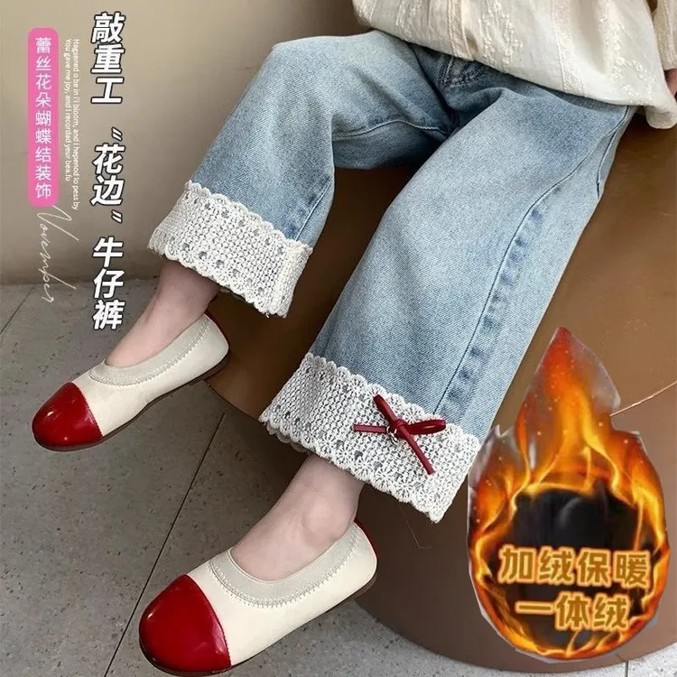 女童加绒牛仔裤秋冬款宝宝直筒宽松外穿长裤儿童洋气保暖阔腿裤潮