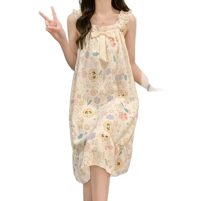 夏季带胸垫睡裙可外穿宽松中长女吊带家居服云朵棉甜美蝴蝶结