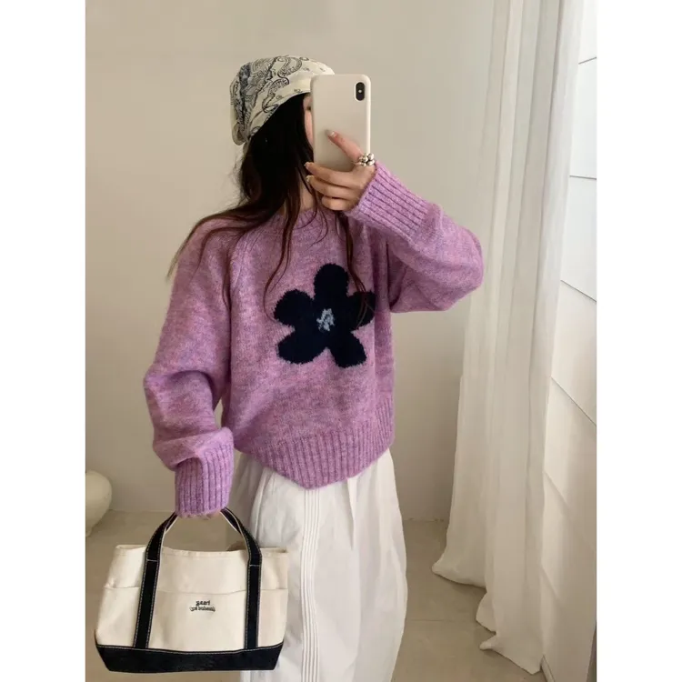 韩系温柔风提花短款软糯针织套头秋季新款高级感百搭毛衣
