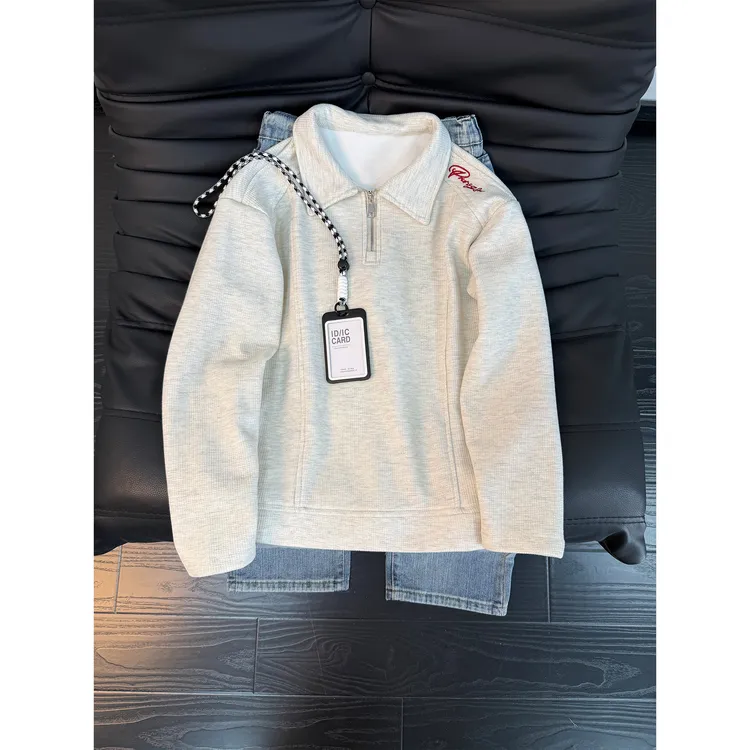 美式刺绣半拉链长袖Polo衫男款秋冬加绒加厚翻领高级感华夫格卫衣