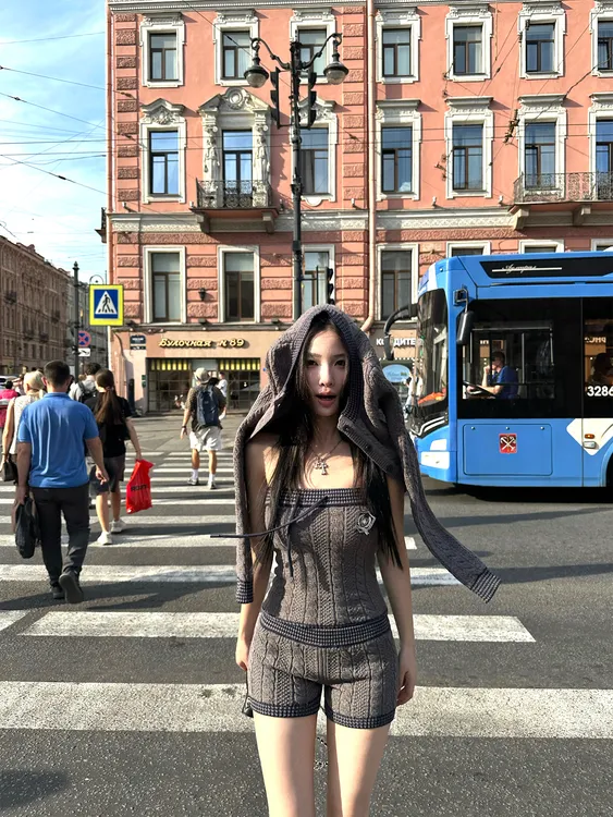 辣感宪章 慵懒风气质开衫毛衣外套套装女修身显瘦背心短裤三件套