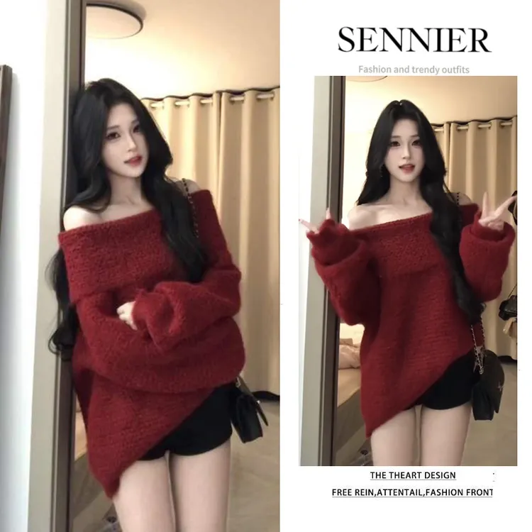 秋季温柔系穿搭女2025新款韩版时尚露肩针织长袖百搭短裤两件套装