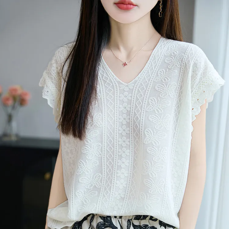 V领提花设计感针织女薄款韩系百搭宽松洋气上衣透气飞袖气质夏季