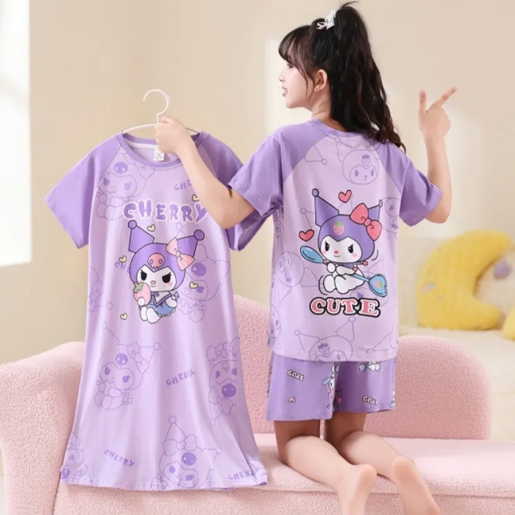 三件套女童睡裙2025卡通新款库洛米夏季薄款短袖套装中大童家居服
