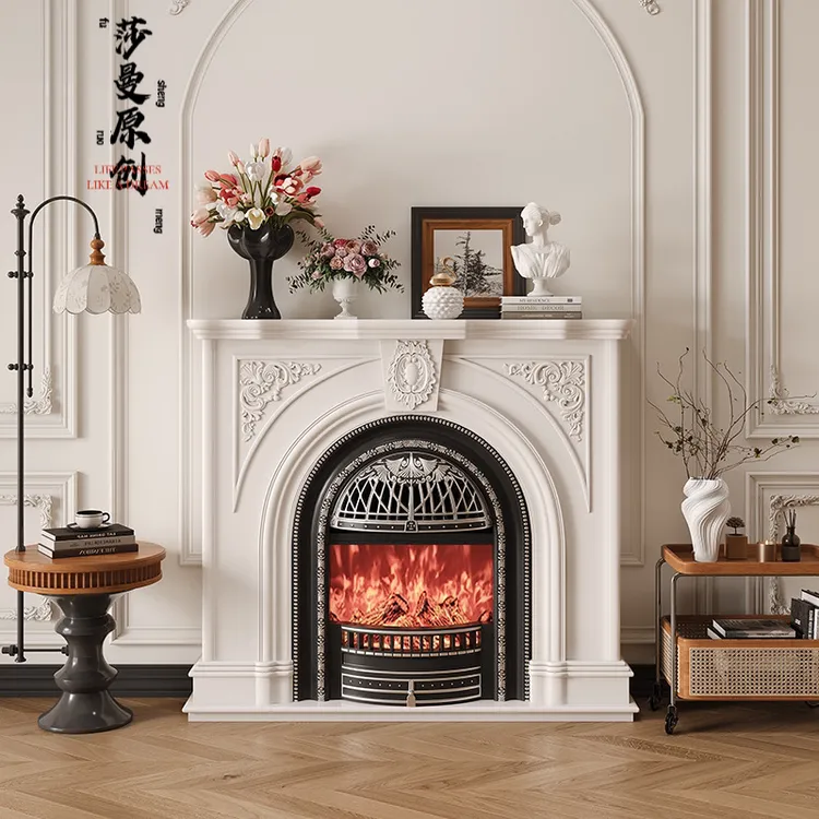 法式实木壁炉装饰柜奶白色美式玄关壁炉客厅电视柜室内复古可定制