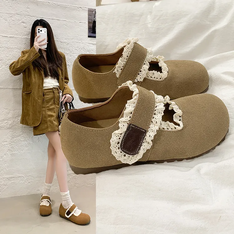 蕾丝花边玛丽珍鞋女2026新款春季复古软木底勃肯鞋魔术贴平底单鞋