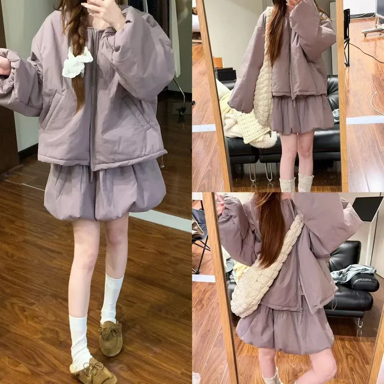 【泡泡袖棉服】宽松压褶圆领棉服外套+高腰花苞半身裙套装8218