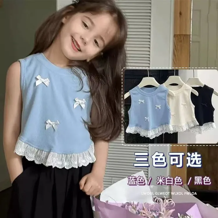 儿童夏季女童t恤韩版花边单上衣无袖背心夏季外穿