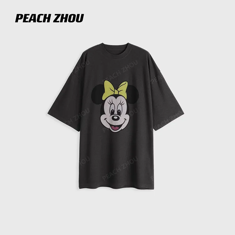 『PEACHZHOU』德绒米鼠卡通印花宽松圆领短袖休闲减龄大版绒感T恤