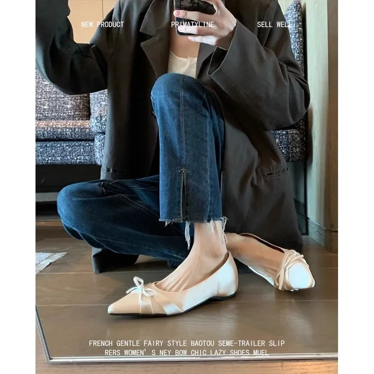 羊皮版！法式晚风浅口瓢鞋内增高绸缎蝴蝶结玛丽珍鞋尖头单鞋女