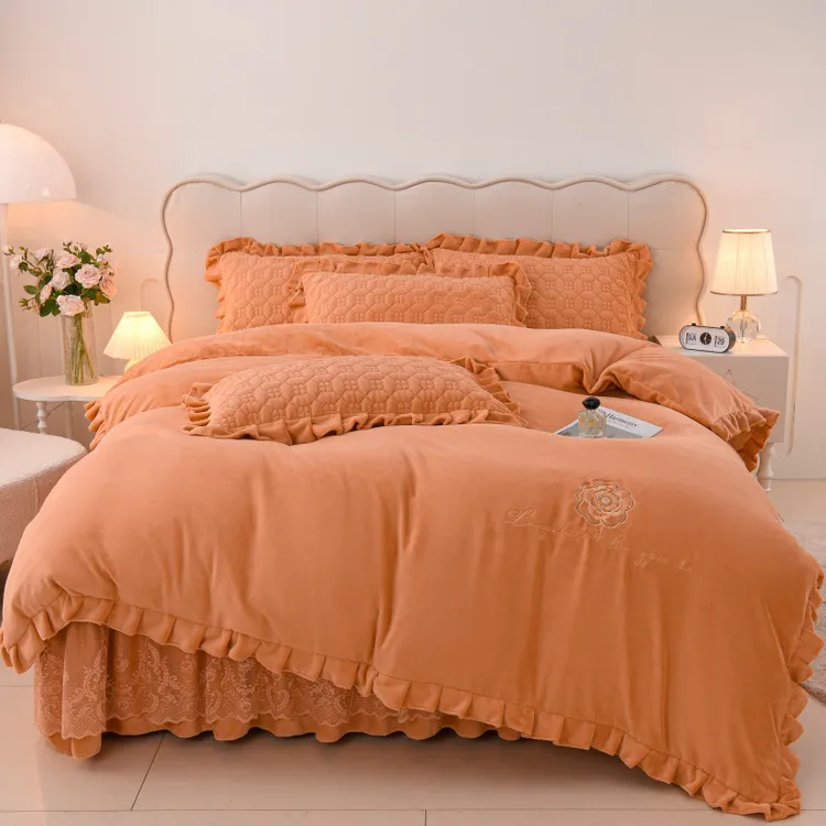 【热卖爆款】秋冬季高端牛奶绒夹棉床裙四件套床盖三件套被套