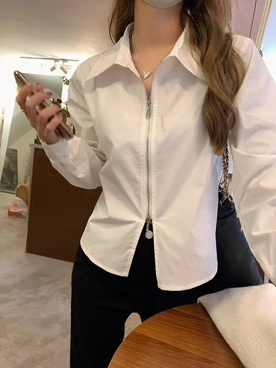 复古港味白色拉链衬衫女春秋韩版设计感小众宽松内搭别致法式上衣