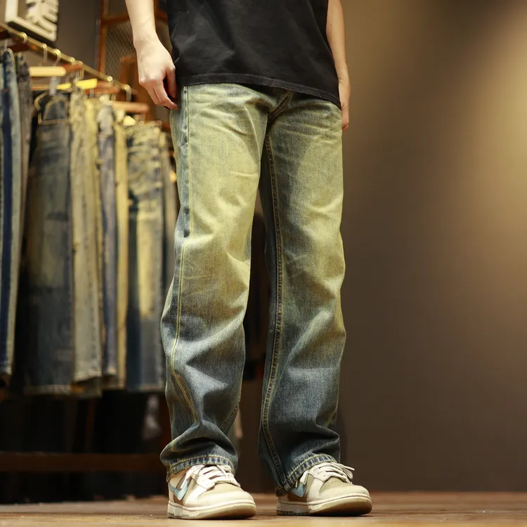 675水洗复古怀旧高街个性潮流宽松休闲男士直筒牛仔裤