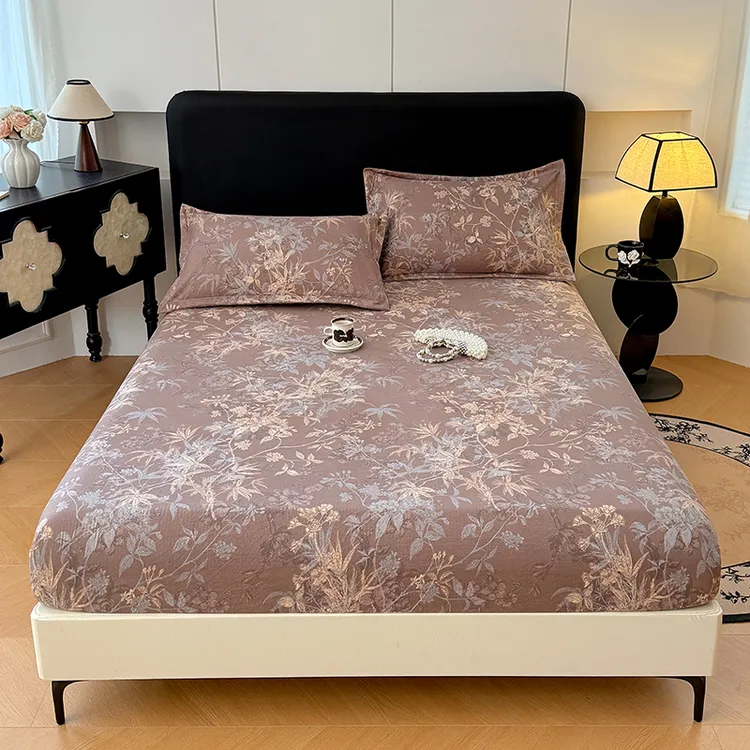 复古轻奢风花卉原麻四季通用单床笠学生宿舍床罩防滑罩枕套可机洗