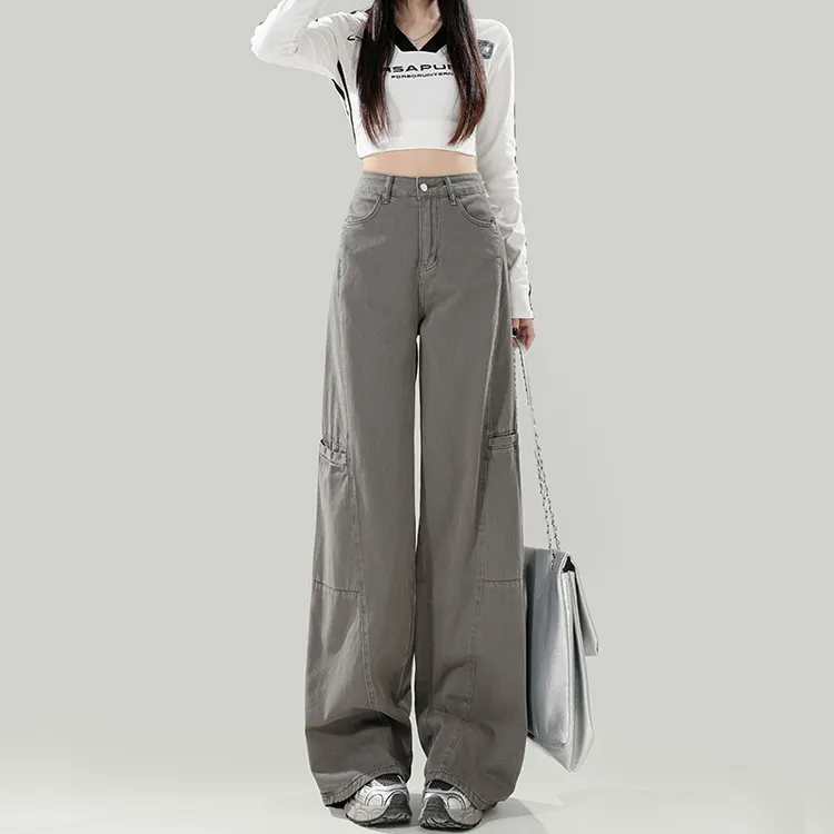 水泥灰美式工装牛仔裤女2025春季新款宽松高腰百搭显瘦垂感阔腿裤
