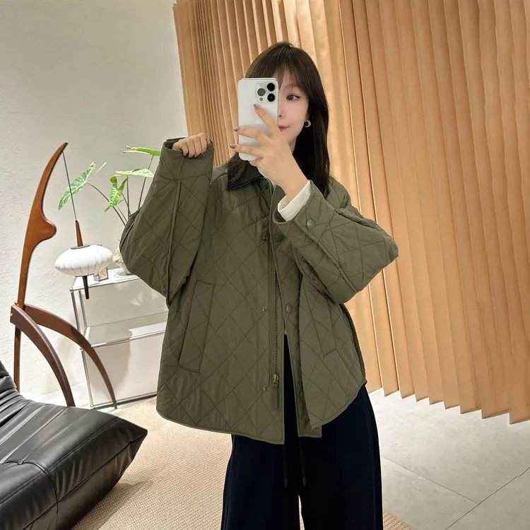 【褚培培自制】“小绿衣”-秋冬原创加厚保暖菱形格子简约洋气棉服女