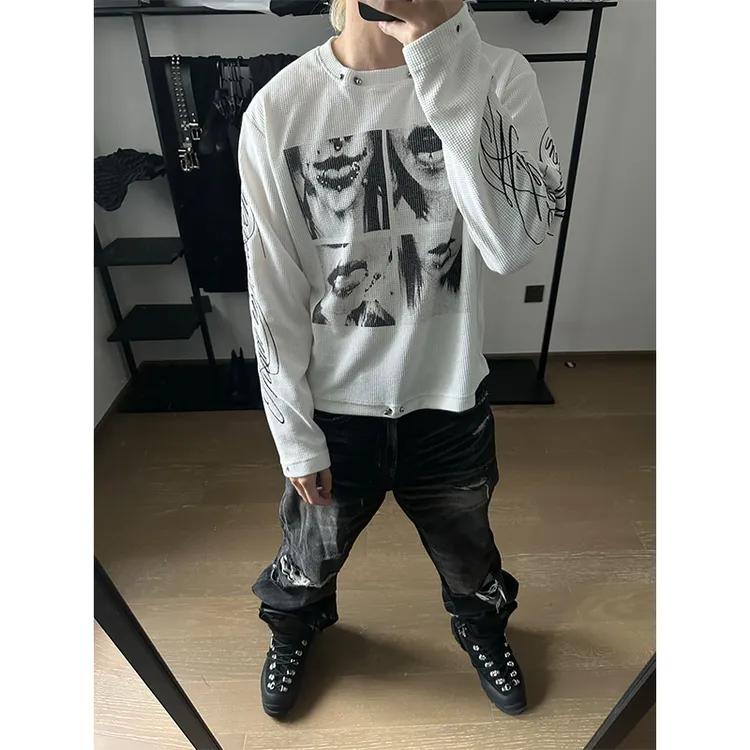 【轻亚风】美式高街唇印长袖T恤男女秋季潮牌街头cleanfit情侣上衣商品图