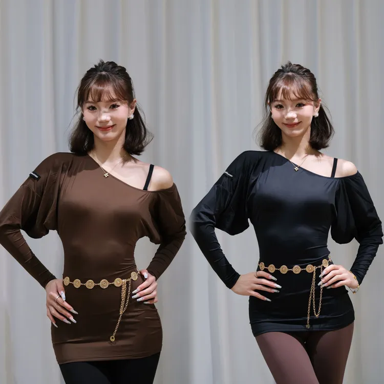 INSPIRATION拉丁秋冬长袖罩衫单肩蝙蝠袖连衣裙修身显瘦国标舞服