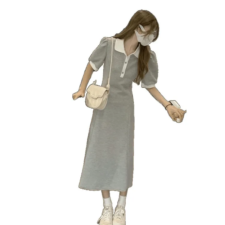 polo领拼色连衣裙夏季2025新款淑女气质中长款收腰显瘦短袖A字裙