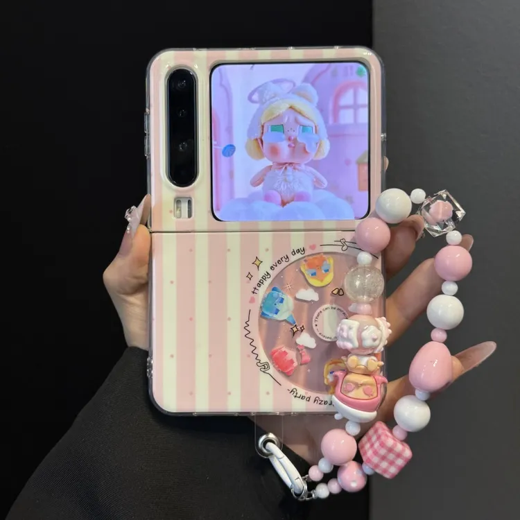 适用华为purax典藏版折叠屏手机壳pocket2粉色条纹音符光盘链条女