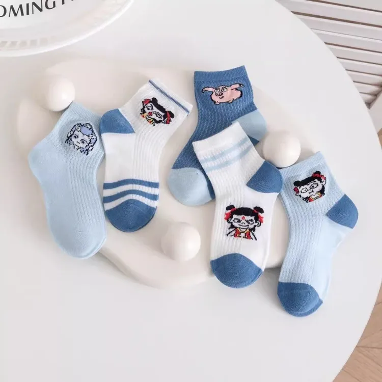 男童袜子透气儿童春夏网眼宝宝哪吒学生中筒女童夏天卡通薄款棉袜